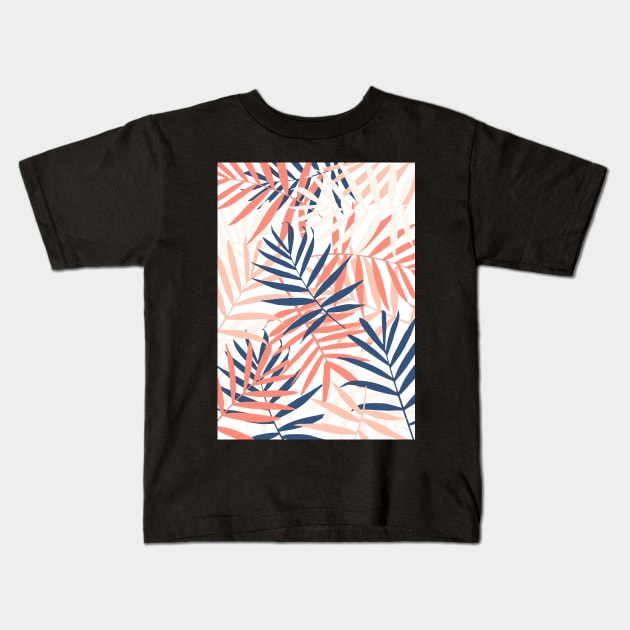 Tropical Foliage Navy and Peach Kids T-Shirt by Blue-Banana